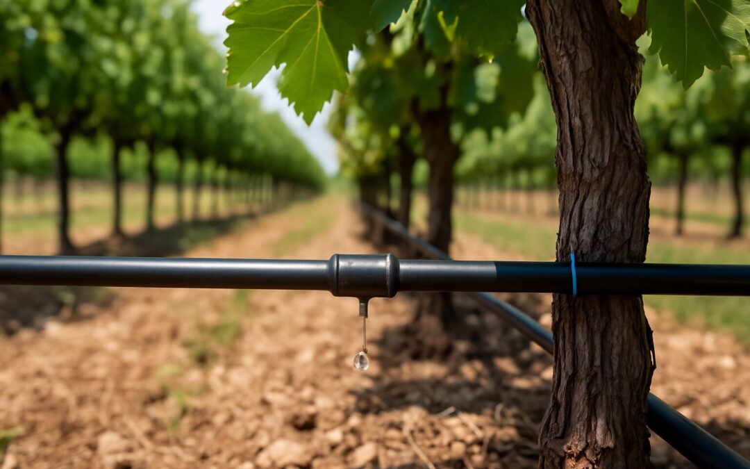 Close-up of drip irrigation emitter watering a grapevine in a vineyard, with rows of vines in the background under daylight.