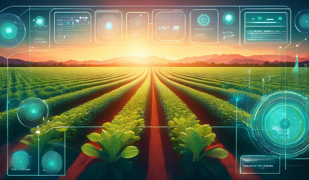 Futuristic farm field at sunset with precision agriculture data overlays, showing crop health, irrigation data, and soil monitoring in a smart farming environment.