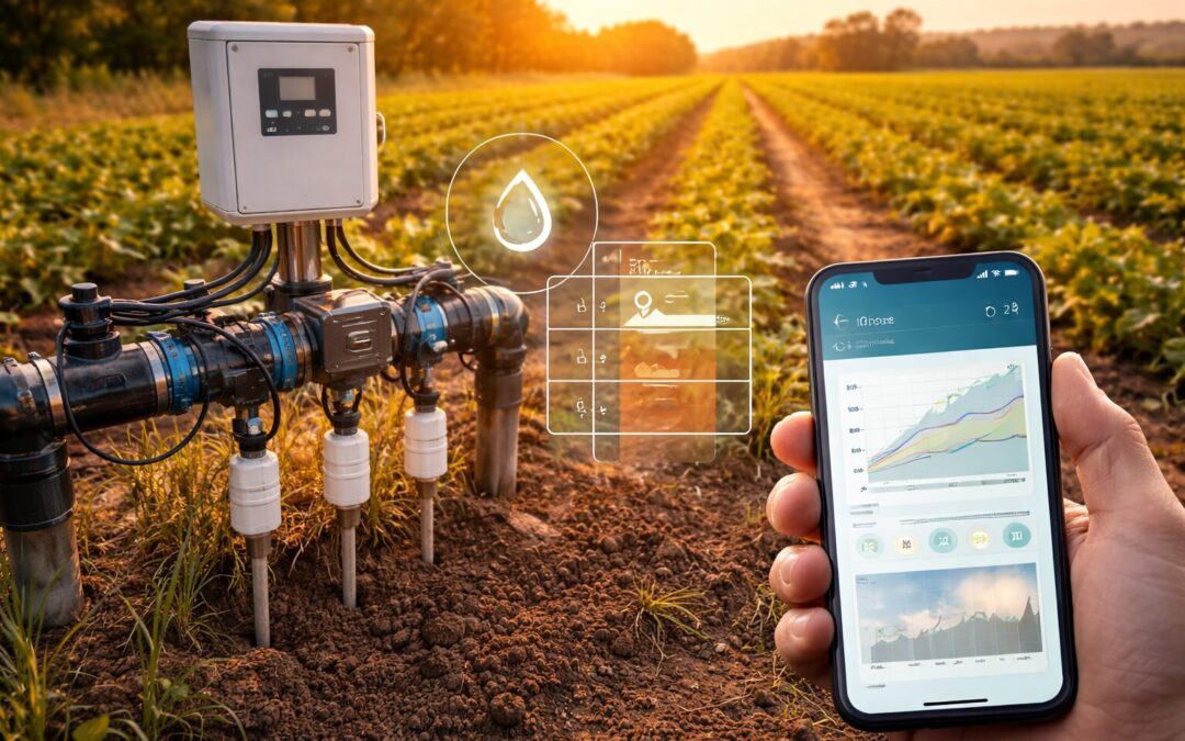 Smart irrigation monitoring and remote valve control showing soil moisture data on a phone, supporting farmer digital empowerment.