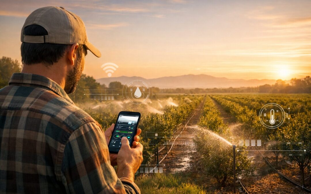 Farmer using a smartphone for remote farm control in an irrigated orchard at sunset with wireless sensor data overlays for soil moisture, irrigation, and temperature.