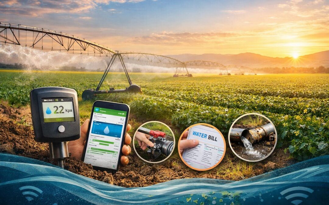 Smart water management for farms with soil moisture sensor, irrigation system, mobile monitoring dashboard, and field water infrastructure