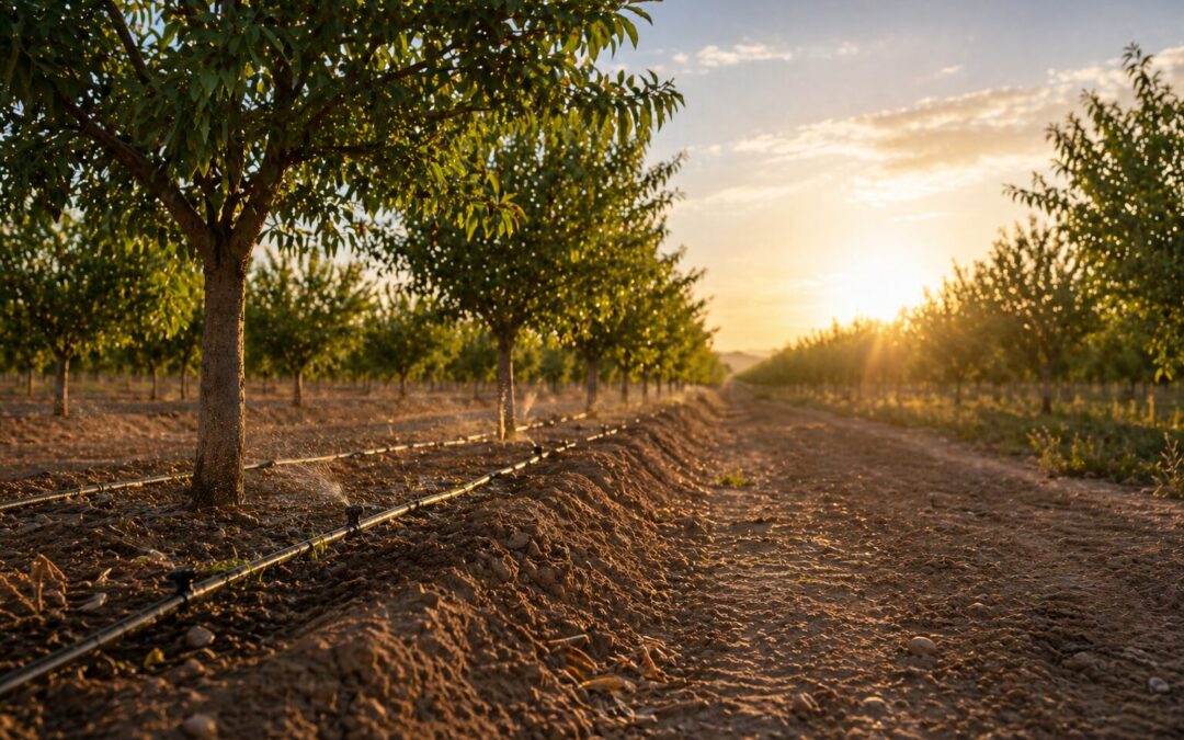 Almond orchard with drip irrigation system in California showing field-level water management