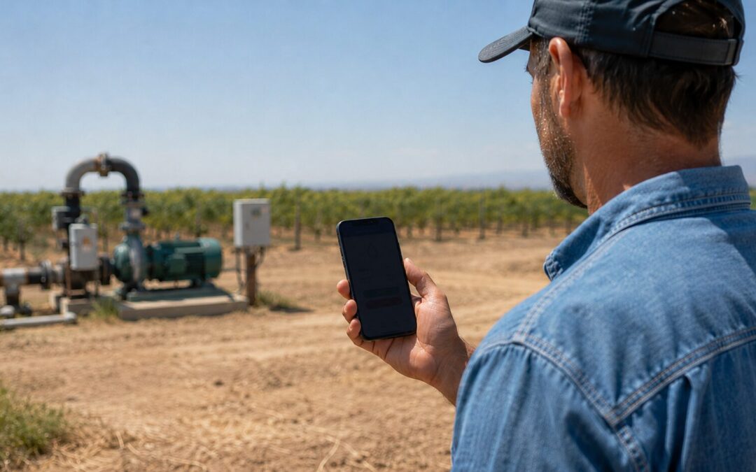 Grower using a smartphone to manage irrigation pump control remotely from the field.