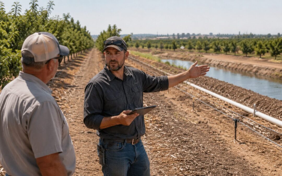Grower discussing irrigation and field conditions with another farmer in an orchard.