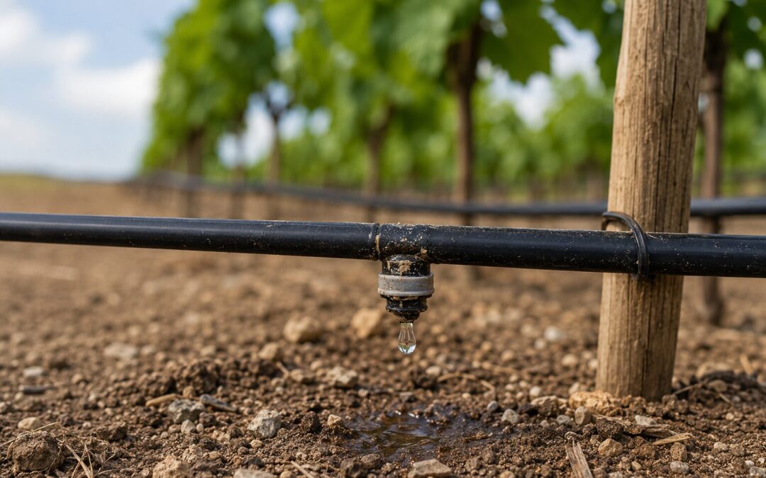 Close-up of a drip irrigation emitter releasing water in a vineyard