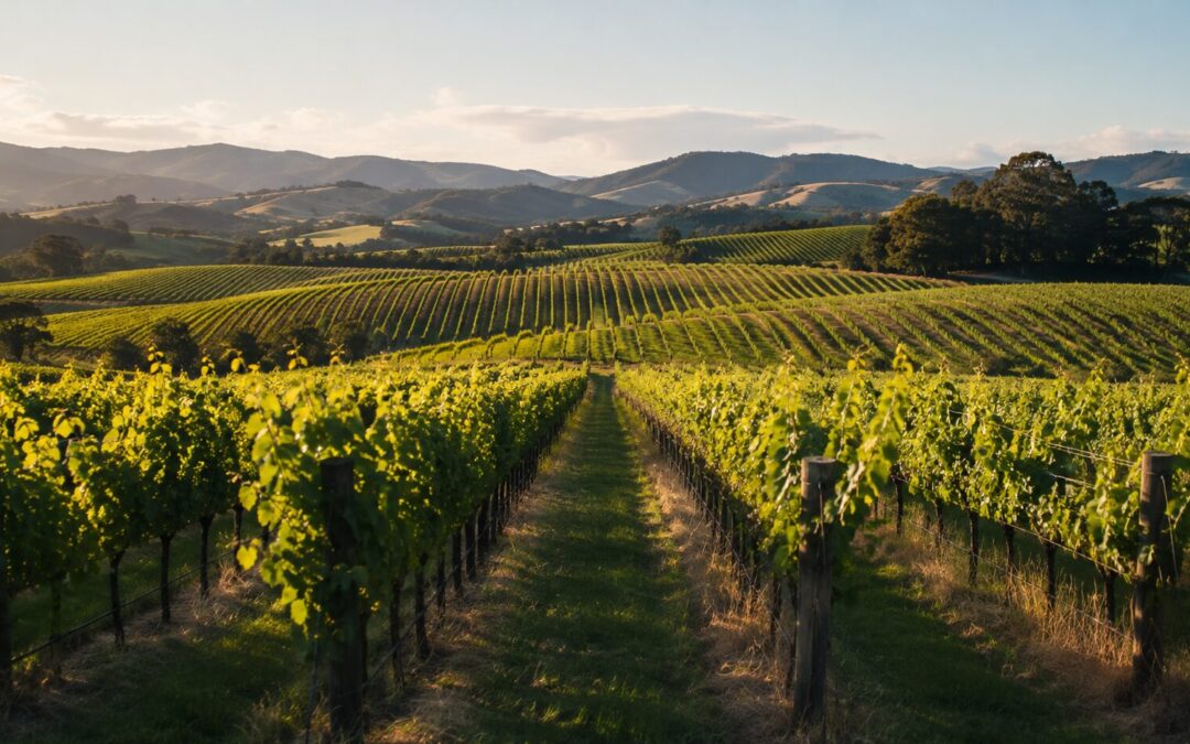 Vineyard rows on rolling hills used for wine grape production