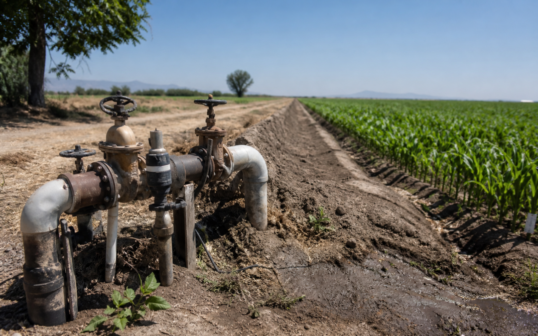 Manual irrigation valves at a field header beside crop rows