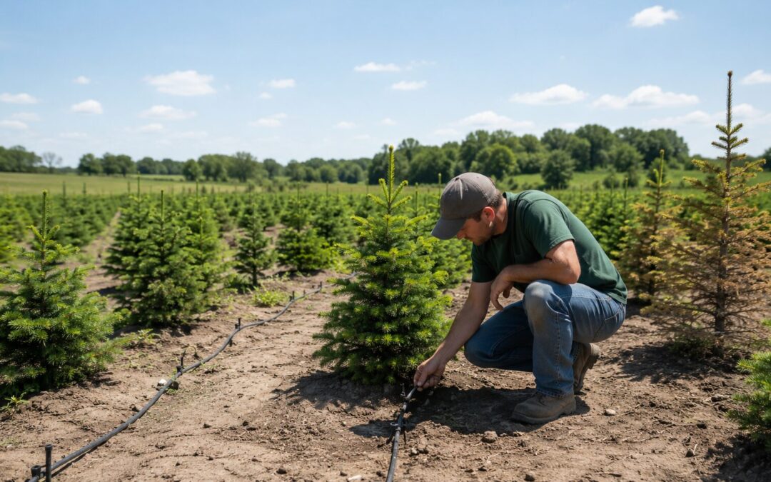 Christmas tree farmer checking drip irrigation beside newly planted trees