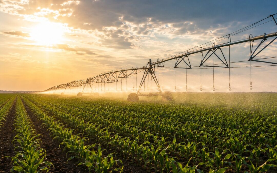 Center pivot irrigation system watering a green crop field during hot summer weather
