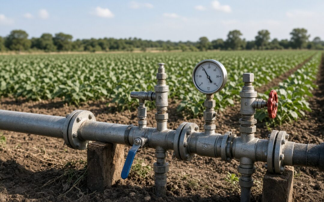 Irrigation manifold with pressure gauge and blue and red valves at the edge of a green crop field