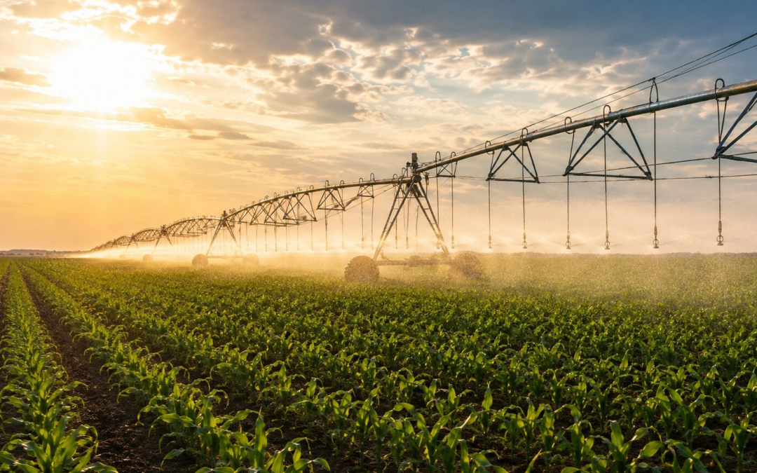 Center-pivot irrigation over young crop rows at sunrise with misting spray, no people visible