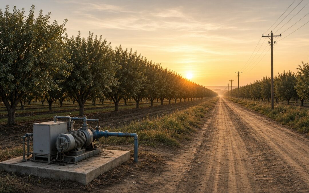 Electric irrigation pump on a concrete pad beside a dirt farm road at sunrise, with power poles running along an almond orchard toward golden foothills