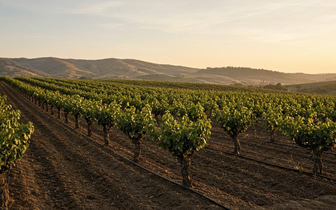 Wide photoreal orchard rows with drip lines under late-afternoon light, no people or product hardware visible