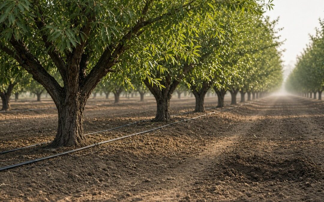 Drip-irrigated almond orchard rows in low autumn morning light, drip lines along the tree rows, golden foothills beyond, and a freshly backfilled sensor hole with a cable in the foreground