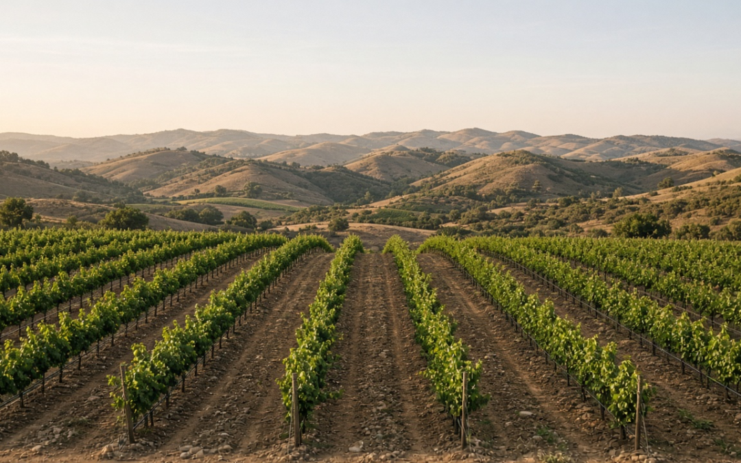 Wide photoreal vineyard rows under soft daylight with bare soil between vines, no people or product hardware visible